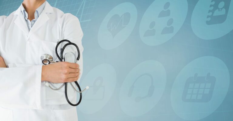 Doctor standing with arms crossed against hospital icons in background